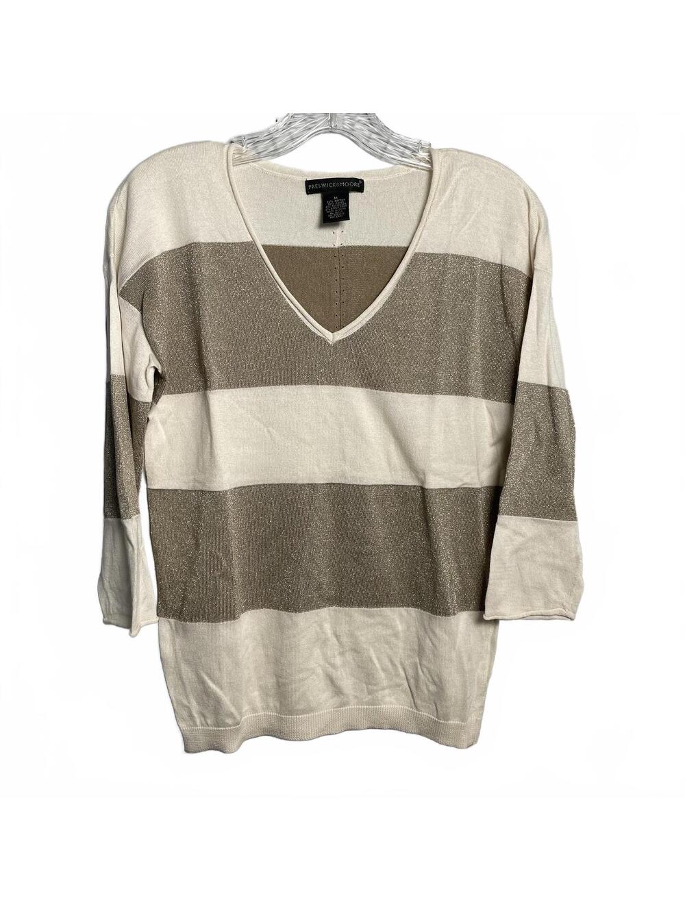 Gold Shimmer Striped V-Neck Lightweight Sweater By Preswick & Moore Size M